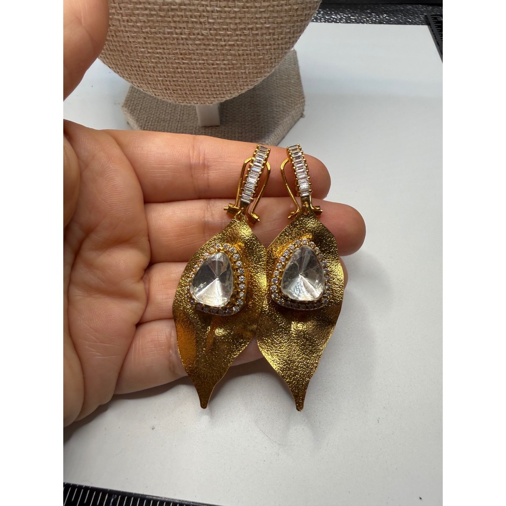 Gold Textured Leaf Drop Earrings with Teardrop Crystal and Baguette Accents